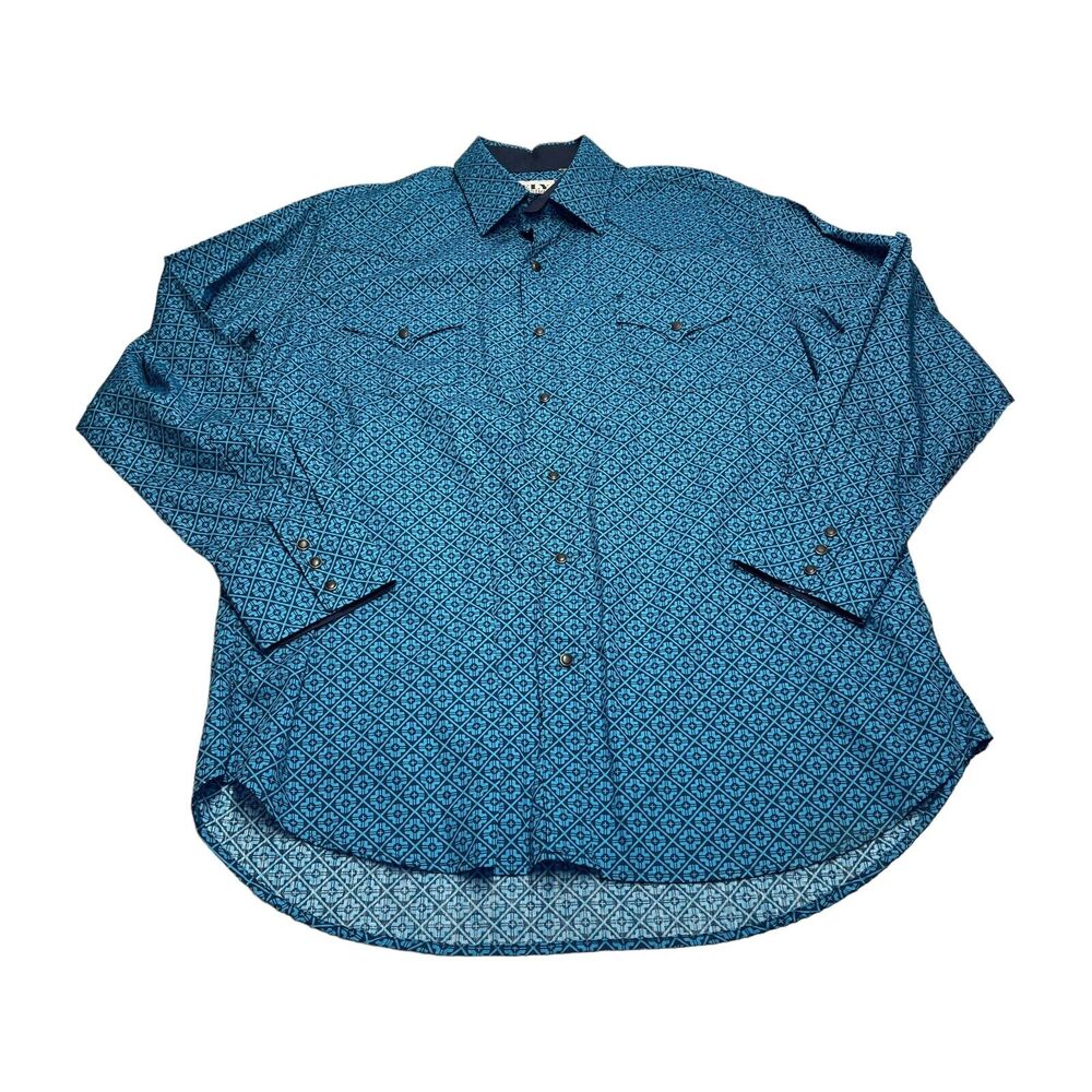 Ely Cattleman Western Shirt Mens XL Blue Geometric Long Sleeve Pockets Snap